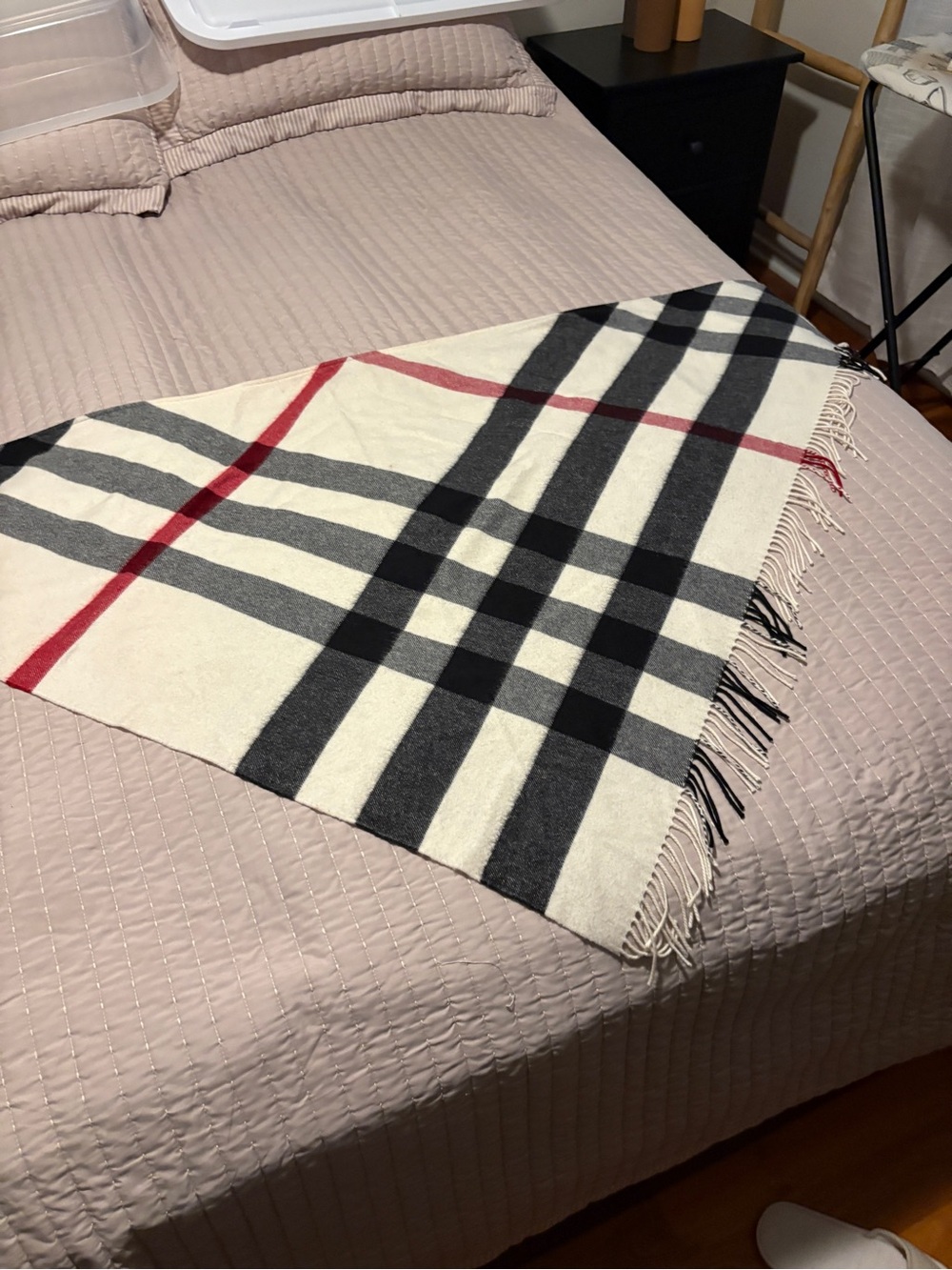 Burberry Cream Plaid Scarf with Black and Red Accents